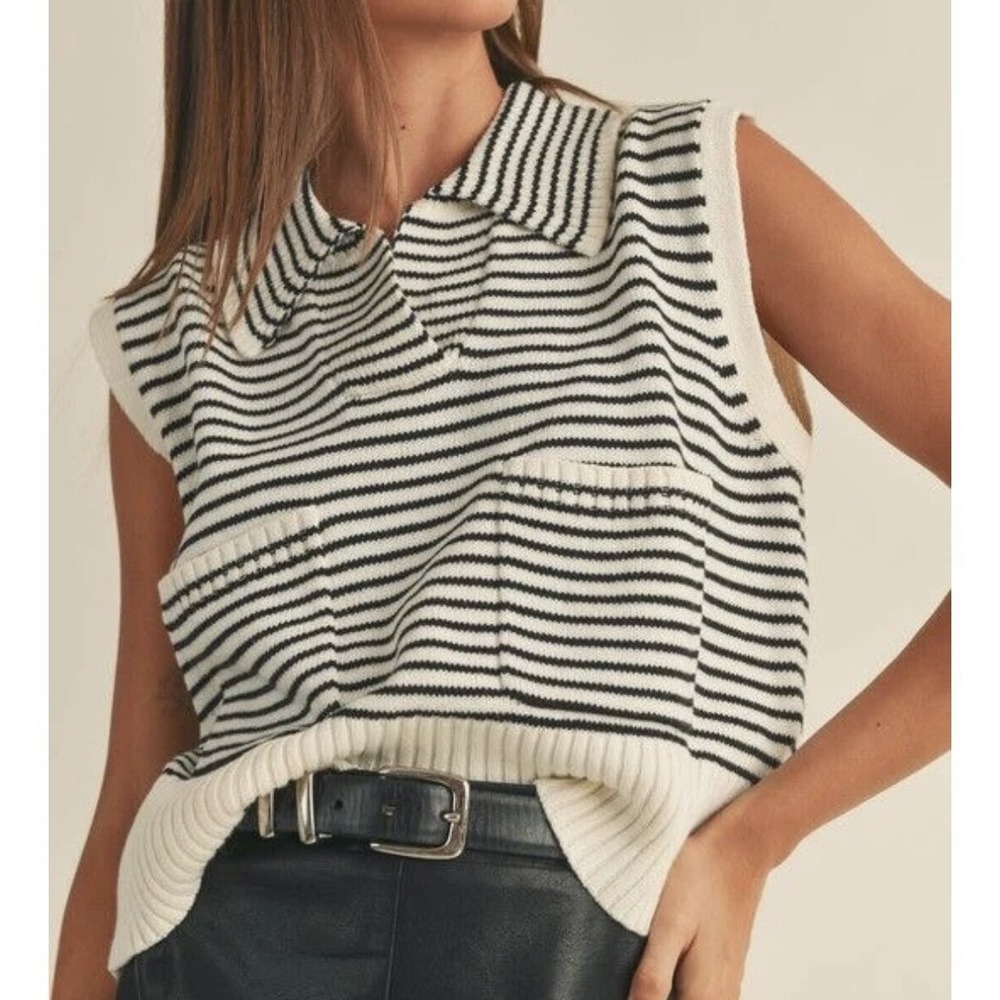 Zara Sweater Vest Womens XL White Black Striped Collared Knit Pockets Sleeveless